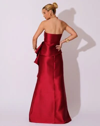 Vestido de Festa Longo Tomara que Caia Babado Cascata Marsala