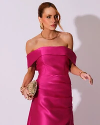 Vestido de Festa Longo Zibeline Ombro a Ombro Drapeado e Fenda Pink