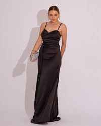 Vestido de Festa Longo Cetim Alfaiataria Fenda Drapeada Preto