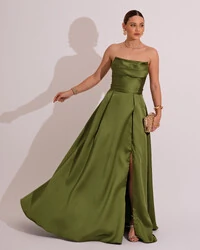 Vestido de Festa Longo Tomara que Caia Trançado Costa em Zibeline Verde Oliva
