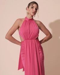 Vestido de Festa Longo Malha Jersey Gola Alta Saia Sereia Pink New