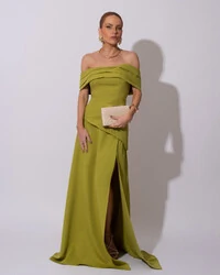 Vestido de Festa Longo Alfaiataria Ombro a Ombro Drapeado com Fenda Verde Pistache