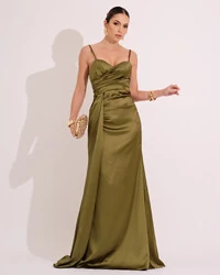 Vestido de Festa Longo Cetim Alfaiataria Fenda Drapeada Verde Oliva
