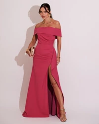 Vestido de Festa Longo Ombro a Ombro com Fenda em Alfaiataria Pink