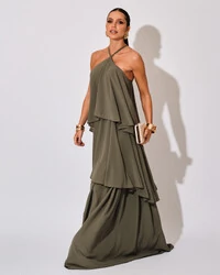 Vestido Longo Babado em Camadas Verde Oliva