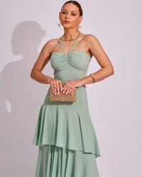 Vestido Longo Frente Única em Crepe com Babados e Camadas Verde Menta