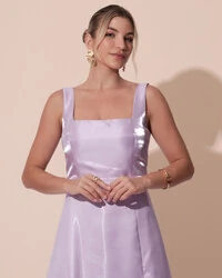 Vestido de Festa Longo Zibeline Cristal com Fenda e Faixa Lilás