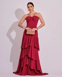 Vestido Longo Frente Única em Crepe com Babados e Camadas Cereja