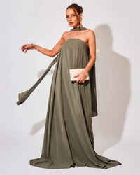 Vestido de Festa Longo Crepe Tomara que Caia com Lenço Verde Oliva