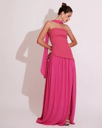 Vestido de Festa Longo Tomara que Caia Alfaiataria e Saia Crepe Chiffon e Lenço Pink