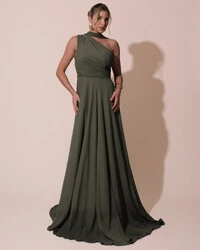 Vestido de Festa Longo Crepe Chiffon Um Ombro Só Drapeado com Lenço Verde Oliva