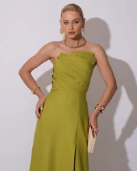 Vestido de Festa Longo Alfaiataria Tomara que Caia com Fenda Detalhe Verde Pistache