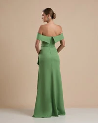 Vestido de Festa Longo Ombro a Ombro com Fenda em Alfaiataria Verde Matcha