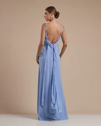 Vestido de Festa Longo Crepe Chiffon Costas Lenço Cauda Serenity