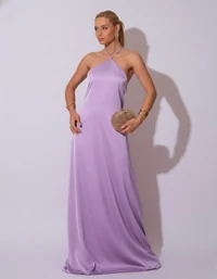 Vestido Longo de Cetim com Decote Triangular e Amarração nas Costas Degagê Lilás