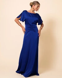 Vestido de Festa Longo Cetim Fluido Manga Curta Drapeado Azul Royal New