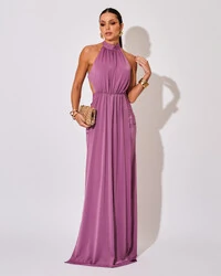 Vestido de Festa Longo Malha Jersey Gola Alta Saia Sereia Lilás