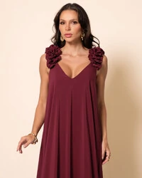 Vestido de Festa Longo Crepe Chiffon Fluido Decote em V Flores Marsala