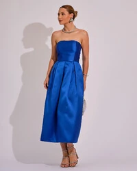 Vestido Midi Tomara que Caia Zibeline Com Pregas Azul Royal