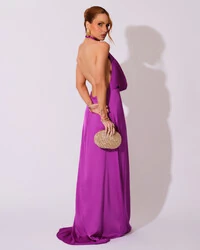 Vestido de Festa Longo Frente Única Degagê Cetim Fluido Fúcsia