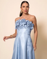 Vestido de Festa Longo Cetim Cristal Tomara que Caia com Flor 3D Serenity