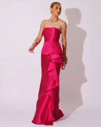 Vestido de Festa Longo Tomara que Caia Babado Cascata Pink