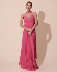 Vestido de Festa Longo Plissado Crepe Chiffon com Alça e Lenço Hot Pink