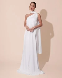 Vestido de Festa Longo Cetim Fluido Um Ombro Só Branco