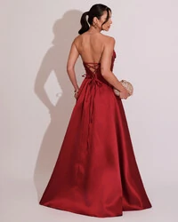 Vestido de Festa Longo Tomara que Caia Trançado Costa em Zibeline Marsala