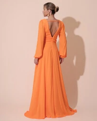 Vestido de Festa Manga Longa com Cintura Drapeada Decote V Laranja