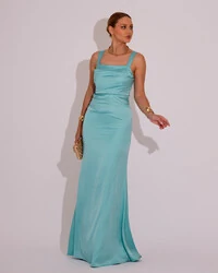 Vestido Longo de Festa Cetim Alfaiataria Drapeado Sereia Tiffany