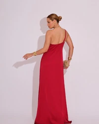Vestido de Festa Longo em Cetim Fluido um Ombro Só Marsala