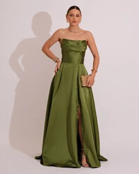 Vestido de Festa Longo Tomara que Caia Trançado Costa em Zibeline Verde Oliva