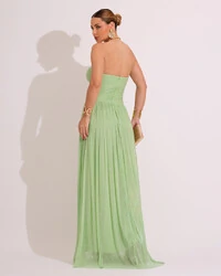 Vestido de Festa Longo Tule Brilho Tomara que Caia Recortes Verde Lima