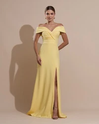 Vestido de Festa Longo Alfaiataria Ombro a Ombro com Fenda Amarelo Manteiga
