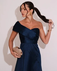 Vestido de Festa longo Faixa Ombro e Fenda Zibeline Azul Marinho