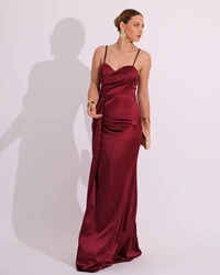 Vestido de Festa Longo Cetim Alfaiataria Fenda Drapeada Marsala