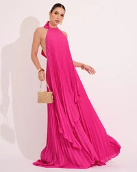 Vestidos de Festa Longo Chiffon Fluido Frente Única Plissado Duplo Pink