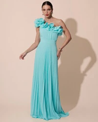 Vestido de Festa um Ombro Só Flor Saia Plissado Tiffany