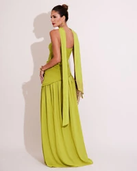 Vestido de Festa Longo Tomara que Caia Alfaiataria e Saia Crepe Chiffon e Lenço Verde Pistache