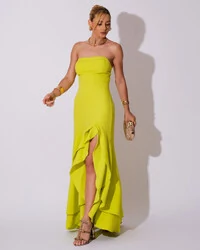 Vestido Longo com Fenda de Babados Alfaiataria Verde Lima New