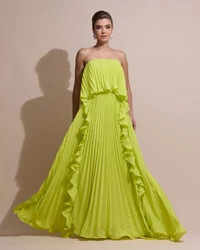 Vestido de Festa Longo Crepe Chiffon Tomara que Caia Plissado com Babado Cascata Verde Lima