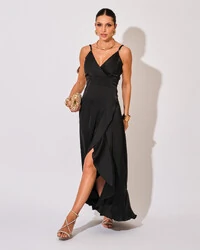 Vestido Midi Babado Acetinado Preto