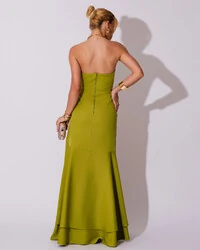 Vestido Longo com Fenda de Babados Alfaiataria Verde Pistache