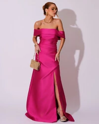 Vestido de Festa Longo Zibeline Ombro a Ombro Drapeado e Fenda Pink