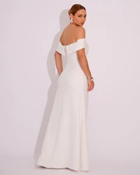 Vestido de Festa Longo Ombro a Ombro com Fenda em Alfaiataria Branco