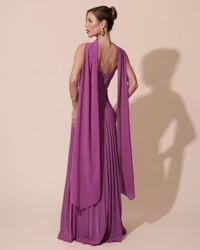 Vestido de Festa Longo Plissado Crepe Chiffon com Alça e Lenço Fucsia
