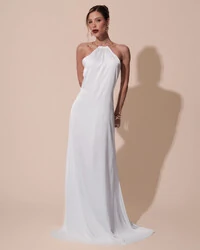 Vestido de Festa Longo Cetim Fluido com Argola Frente Única Branco