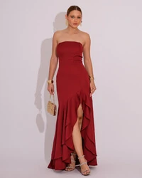 Vestido Longo com Fenda de Babados Alfaiataria Marsala Escuro