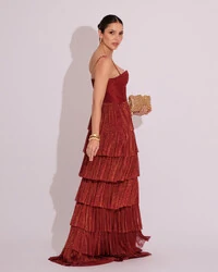 Vestido de Festa Longo Tule Glitter com Camadas Marsala